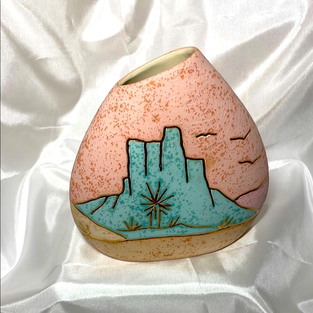 Southwest Pottery Vase Pastels Gold Inlaid Accents Mountains Signed L Sandoval